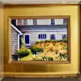 A18. Mindy Reasonover garden scene painting on canvas. Canvas: 9” x 12” Frame: 16” x 19” 